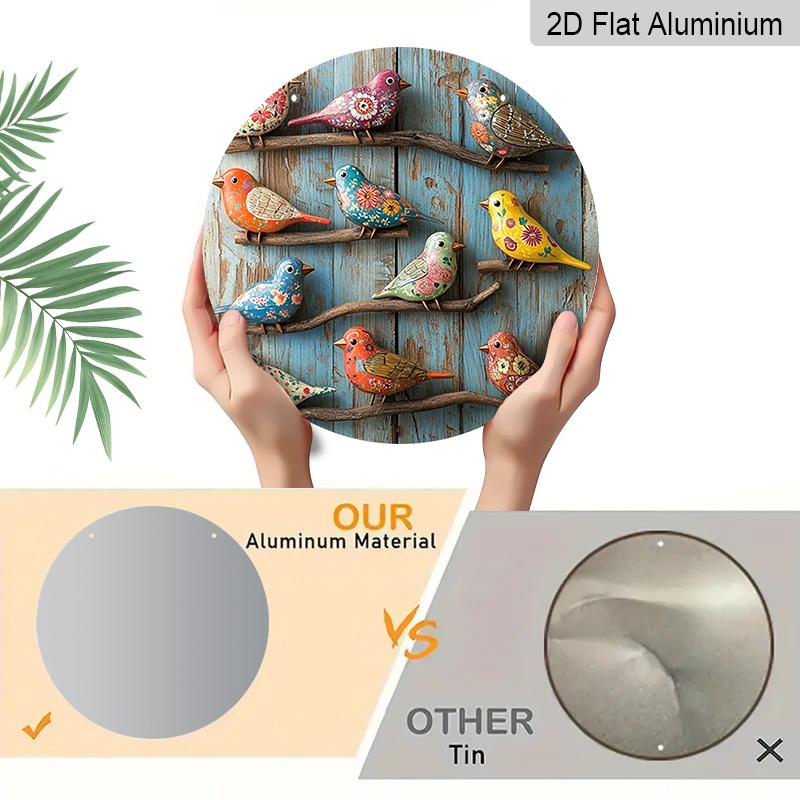 Plano 2D, 1 pieza Redondo de Aluminio Colorido Pájaro de Arte Popular Señal, Vintage Floral Pintado Pájaro Placa de Metal, Impermeable y a Prueba de Óxido, Perfecto para Casa de Campo