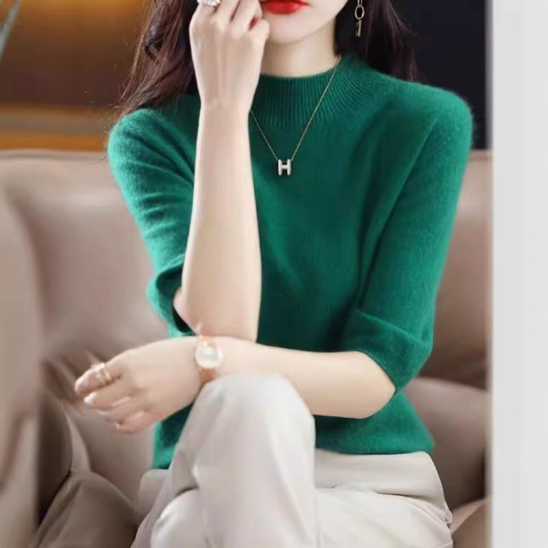 Pulover Tricotat pentru Femei Gât Rotund Mânecă Medie Pulover Tricotat Ediție Coreeană Top Interior de Fund