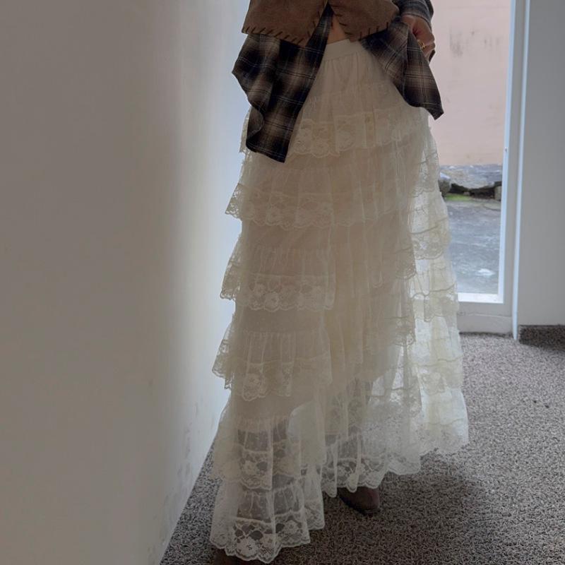 2026 Early Spring Sweet Lace Mesh Layered High Waist Skirt for Women