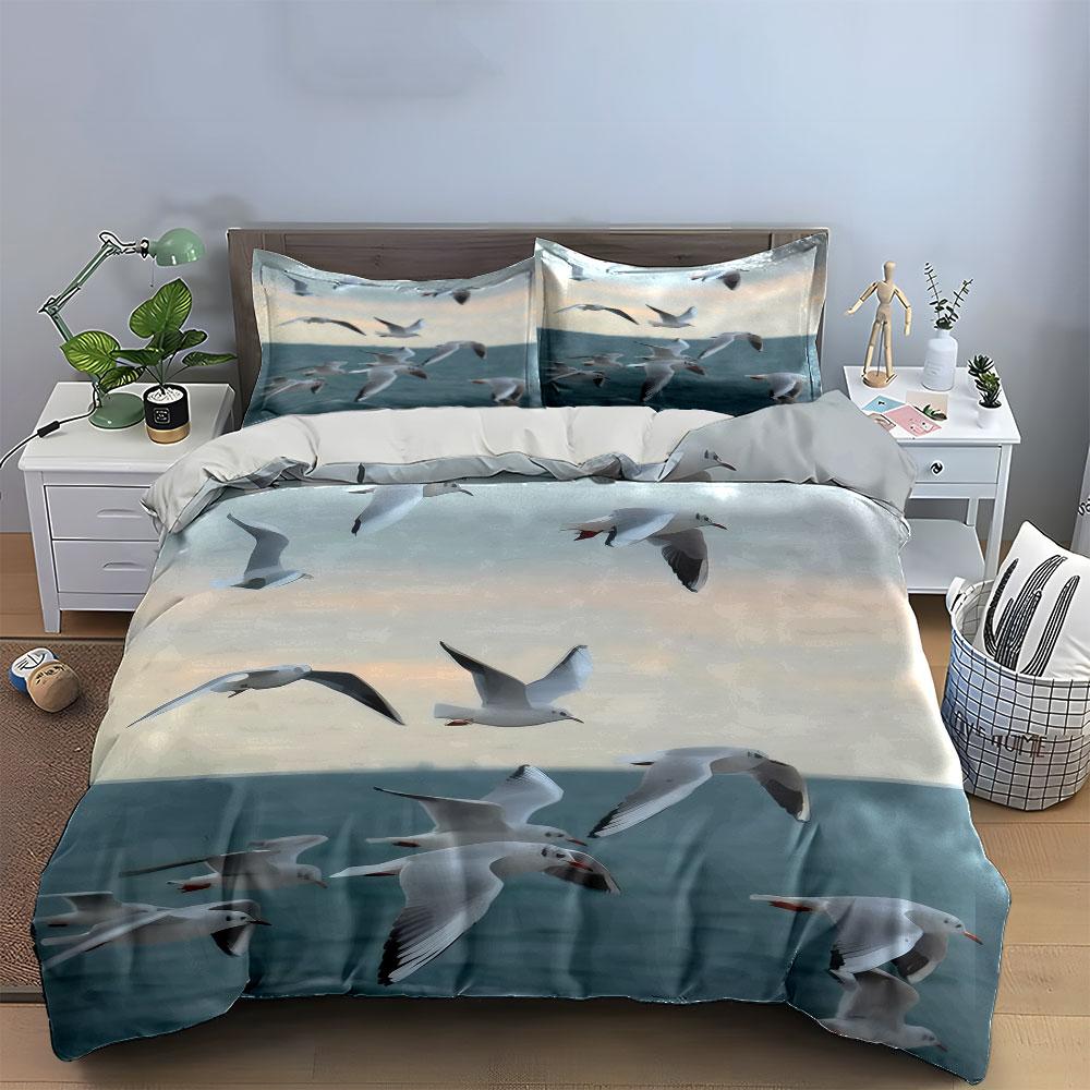 3Pcs Flying Seagulls Over the Ocean Bedding Set, Realistic Coastal Print Duvet Cover + 2 Pillowcases, Serene Decor