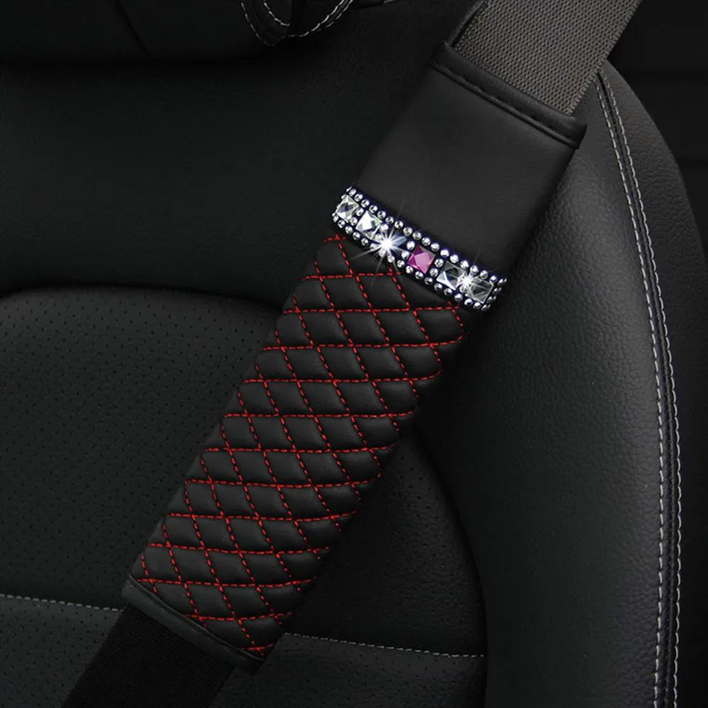 1Pc Universal Car Leather Diamond Rhinestone Seat Belt Cover Breathable Braided Plaid Auto Shoulder Protector Car Accessories