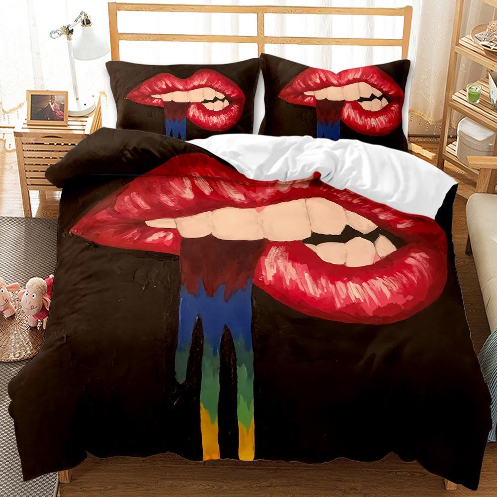 Sexy Lips Three-Piece 3D Digital Printing Ground Red Quilt Cover Bedding Kit
