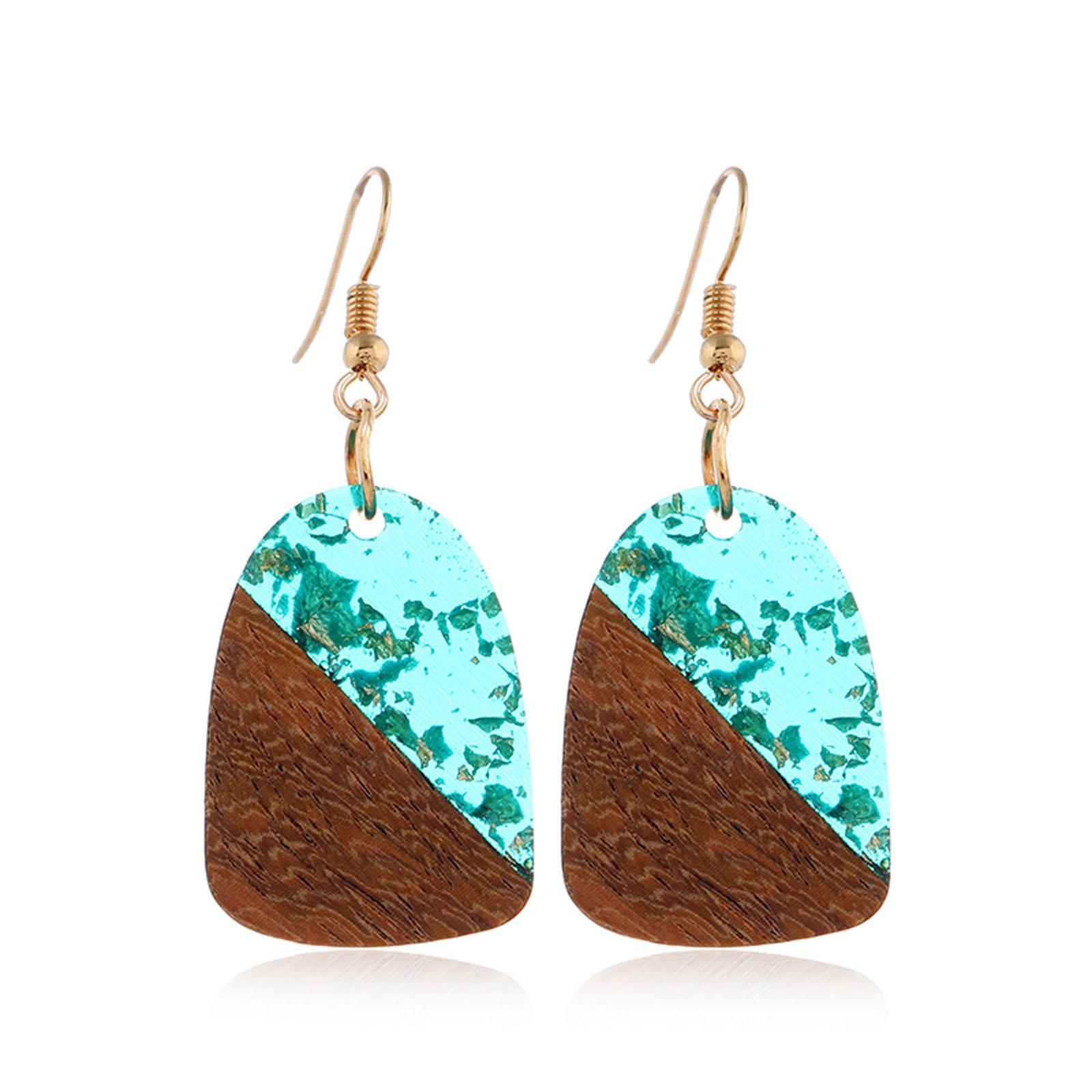 

Vintage Resin Wood Effect Resin Ear Wire Hook Earrings Gold Color Multicolor Geometric Splicing Pendant Drop Earrings For Women синій