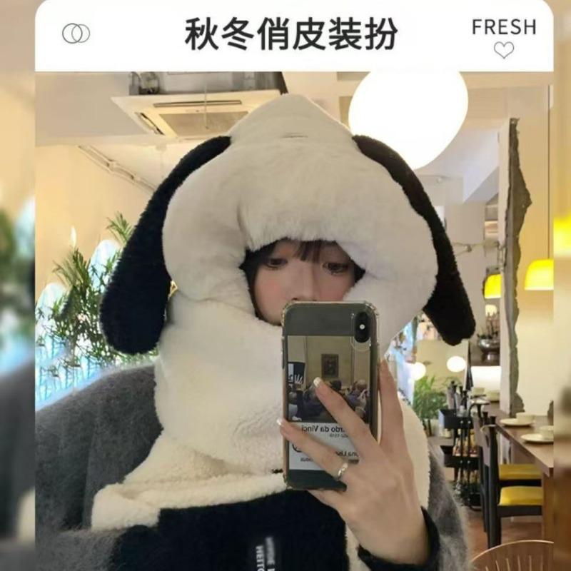 Cute cartoon Pacha plush puppy hooded scarf winter warm gloves hat ears scarf integrated three-piece set