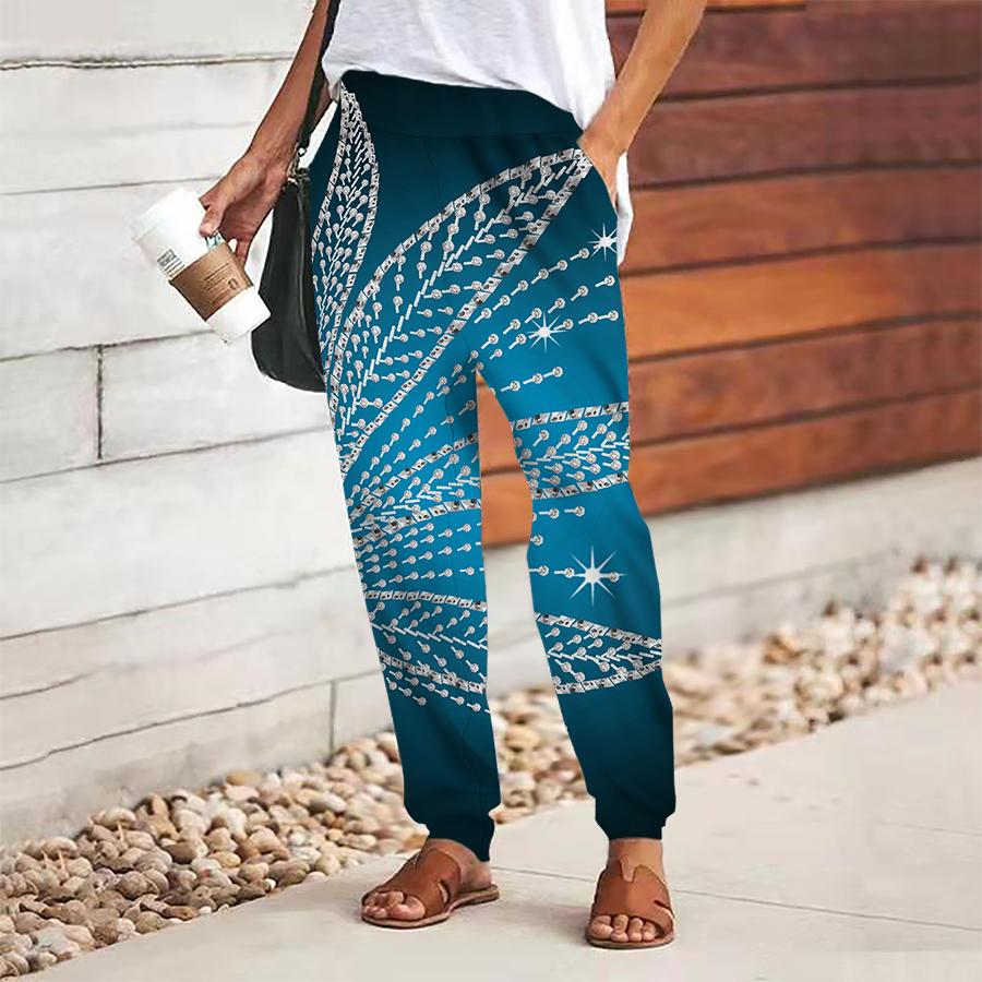 

Women Flash Diamond Printing Pants Lace Up Elastic Waist Loose Trousers Casual Long Pants Trousers with Pockets XS