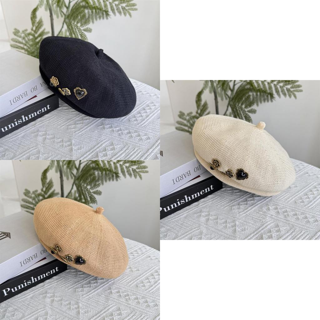 Elegant Japanese Style Oversized Button Decor Beret Hat Women's Fashionable Hollow Breathable Eight-panel Beret