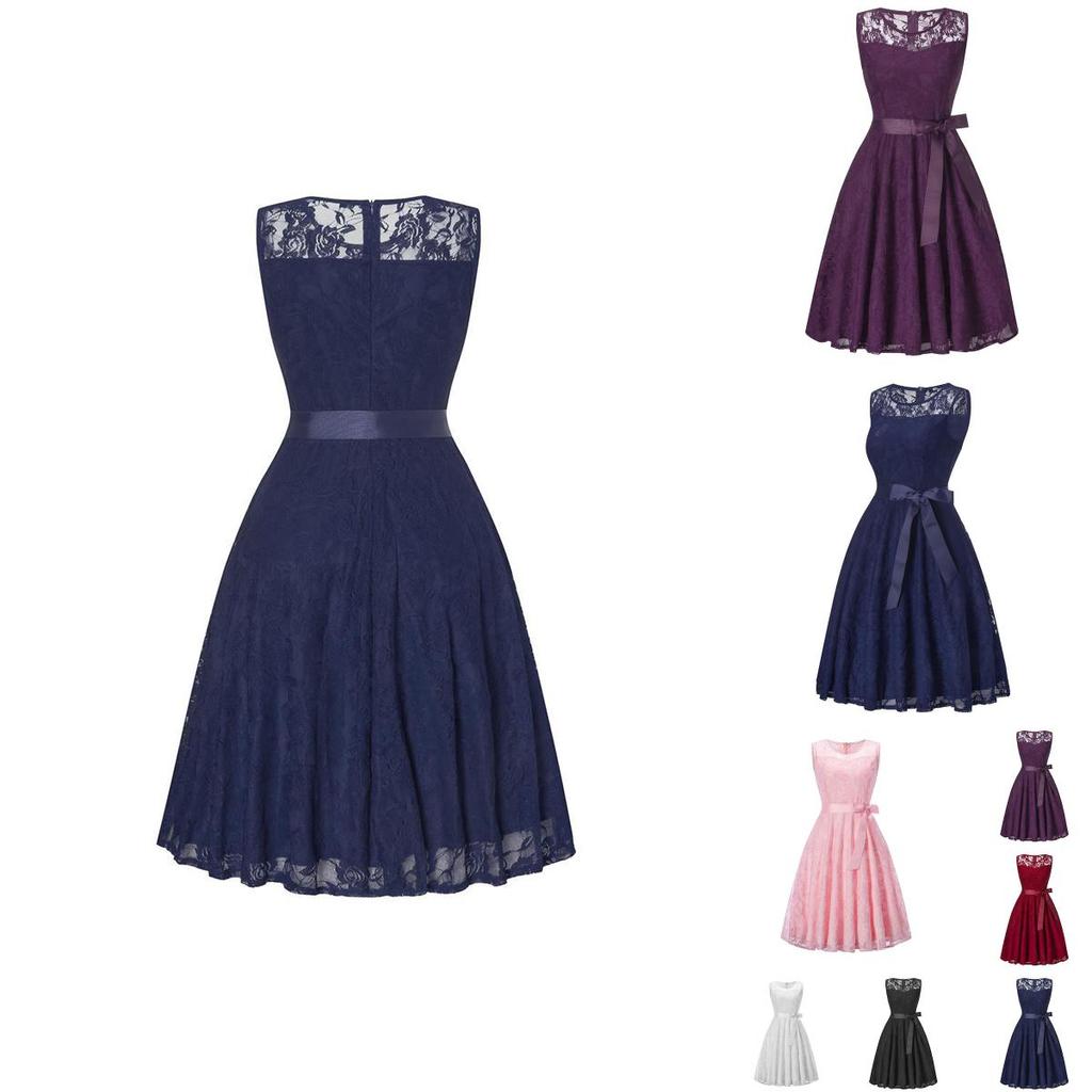 Elegant Round Neck Sleeveless Lace Stitching Retro Dress With A Large Belt And Slim Swing Skirt