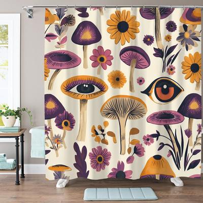 1-pack Bright Mushroom and Floral Print Polyester Shower Curtain, Beautiful Design, Perfect for Home Bathroom Decoration