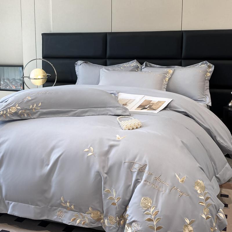 Golden Flowers Sea Embroidery Bedding Set Luxury Beige Cotton Duvet Cover Flat or Fitted Bed Sheet Pillowcases Solid Color