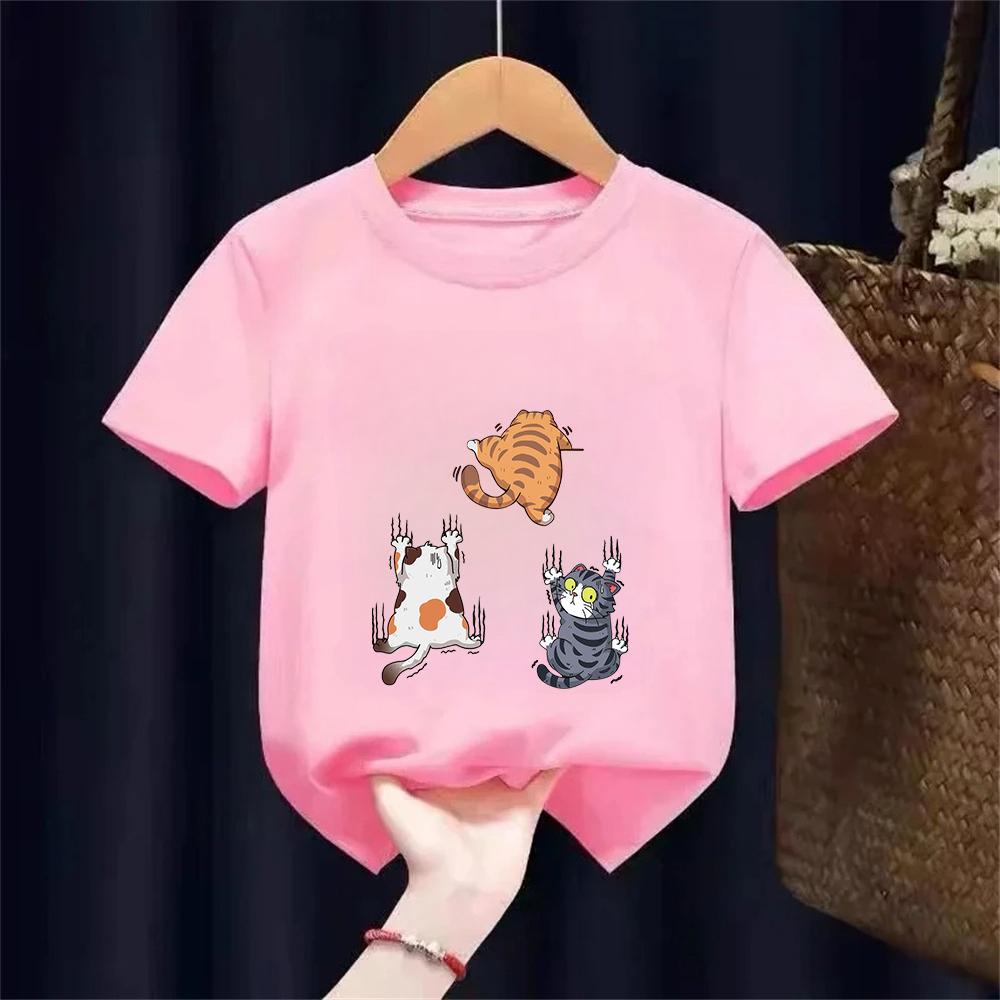 Three Little Cats Are Secretly Watching You Print Kids Tshirt for Boys Girls Tee Clothes Casual Pure Short Sleeved Cartoon Top