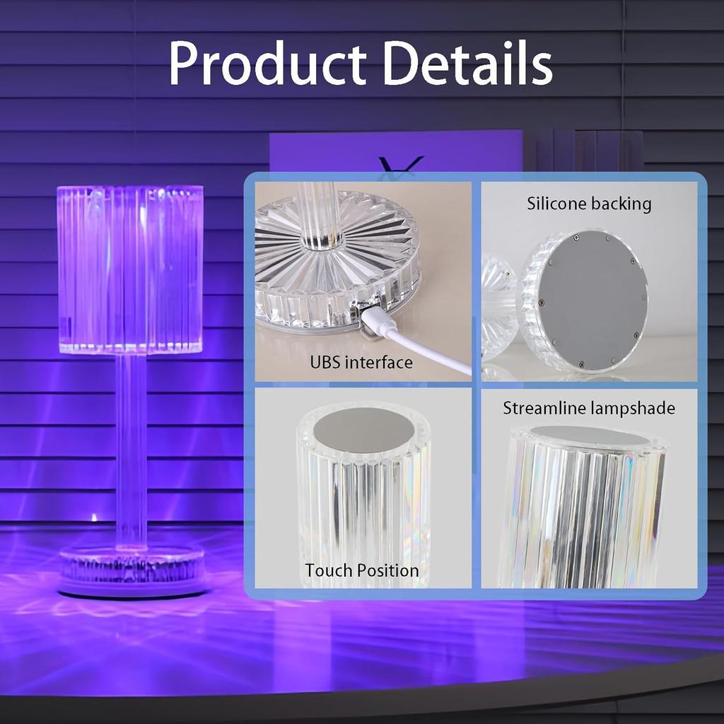 Crystal Table Lamp,RGB Changing Touch Table Lamp with Remote Control,USB Rechargeable Crystal Bedside Lamp,LED Cordless Desk Lamp for Bedroom/Living