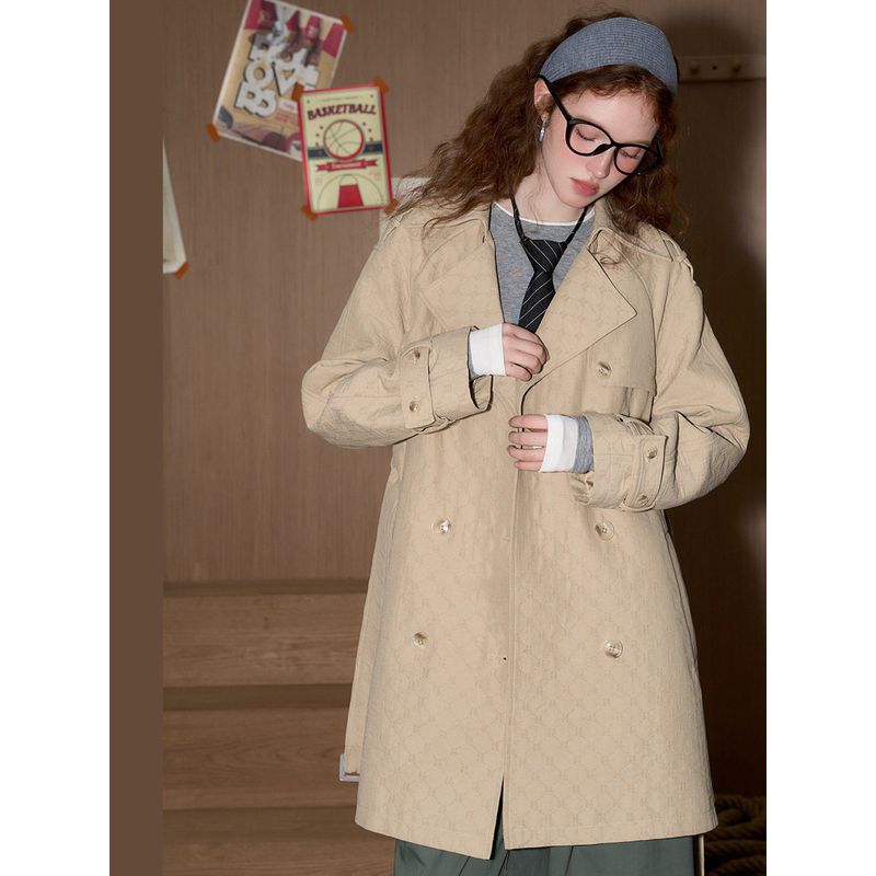 Coolhut Elegant Double-Breasted Belt Diamond-Shaped Mid-Length 2025 New Women's Trench Coat Loose Jacket Belt