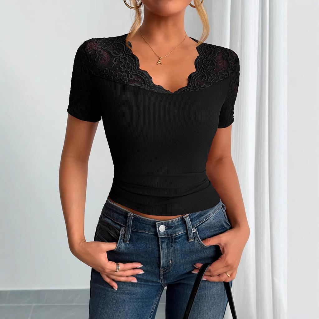 Damen Geripptes Oberteil Kurzarm Spitze Besatz V-Ausschnitt Lässig Eng Anliegend T-Shirt