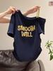 Women's Slim-Fit Spicy Girl One-Shoulder Letter Print Top, Short Sleeve, Fake Two-Piece, Perfect for Summer Commutes.