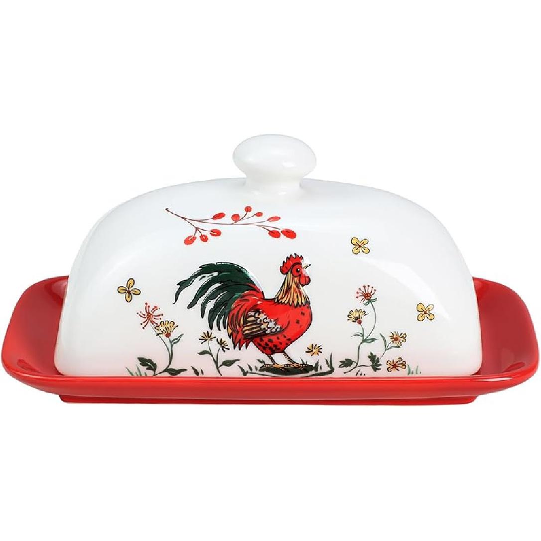 Масленка Sizikato Classic Porcelain с крышкой, красивый узор с петухом Rooster