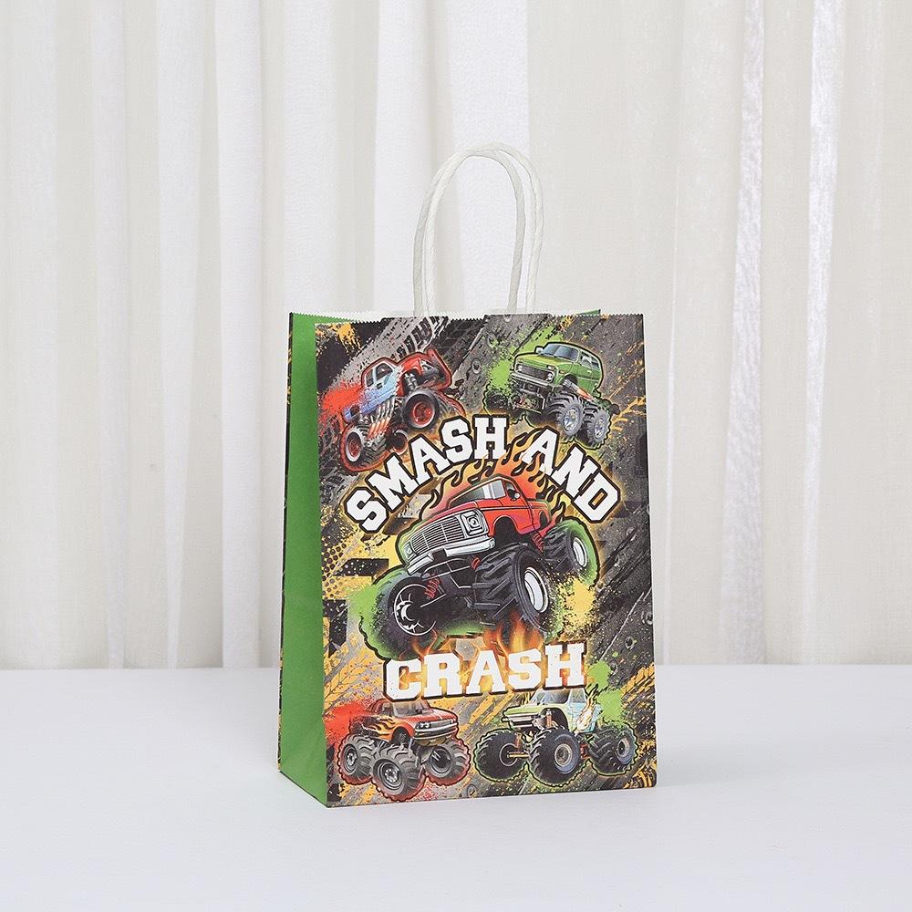 StoBag Monster Truck Paper Tote Bags Recyclable Gift Bags for Birthday Party Favor Candy Cake Kids Goody Bags Retail Packaging
