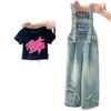 Adorable Girls Summer Outfits Loose Fit Denim Suspenders Set With Colorful T-shirt