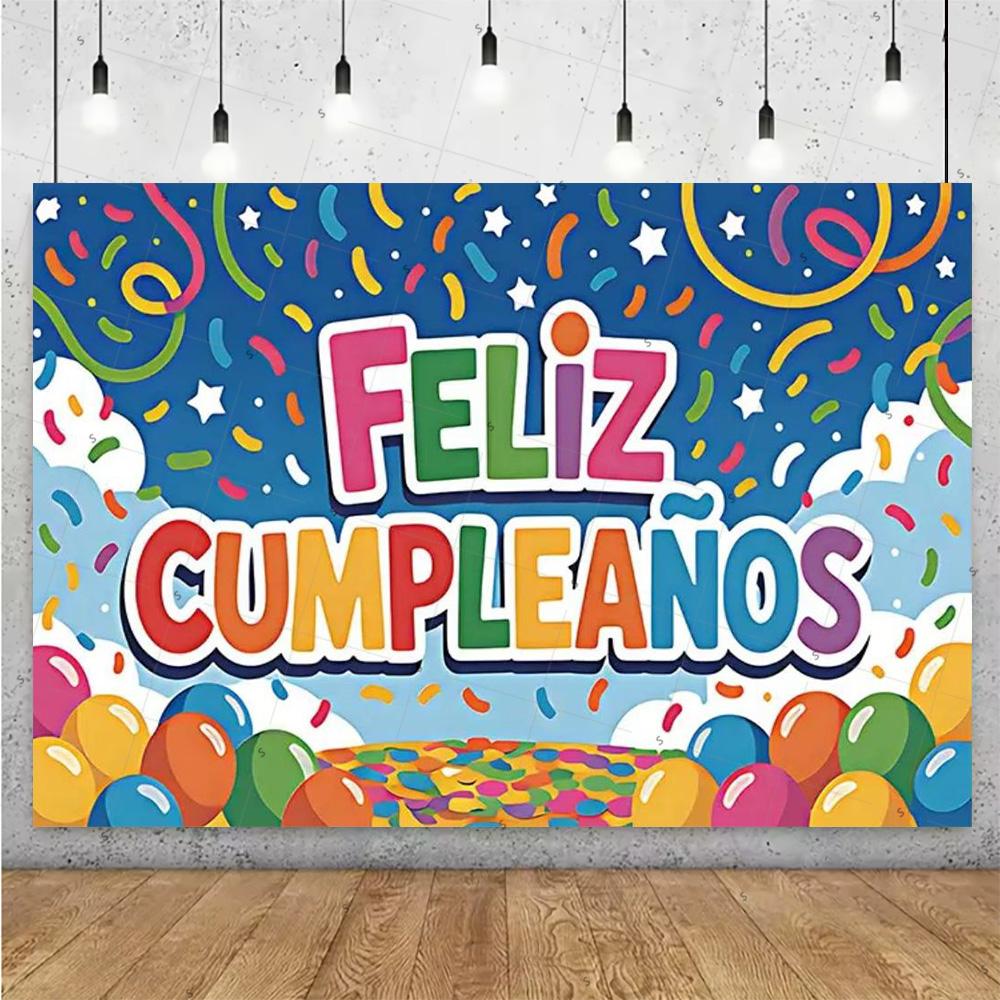Happy Theme Background In Spanish, Party Decoration with Colored Globes, Background Banner, Gift for Children, Photo Session