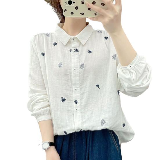 

Women Shirt Lapel Long Sleeve Single Breasted Shirt Tops Loose Fit Leaf Pattern Casual Shirt Work Party Vacation Daily Wear M білий