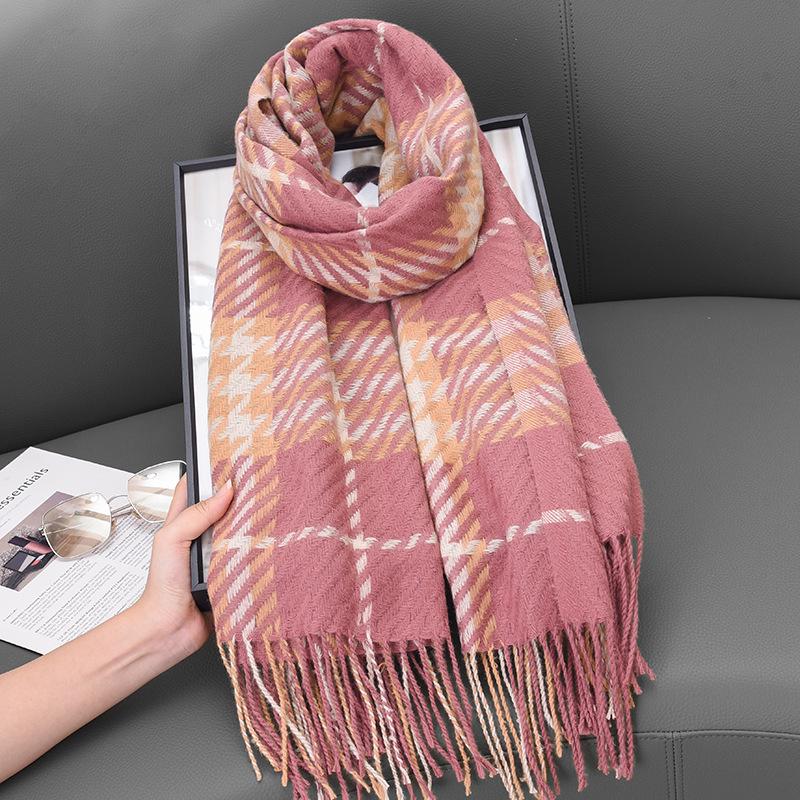 Korean High-End Houndstooth Imitation Cashmere Tassel Scarf - Women’s Autumn Winter Warm Shawl Neck Warmer.