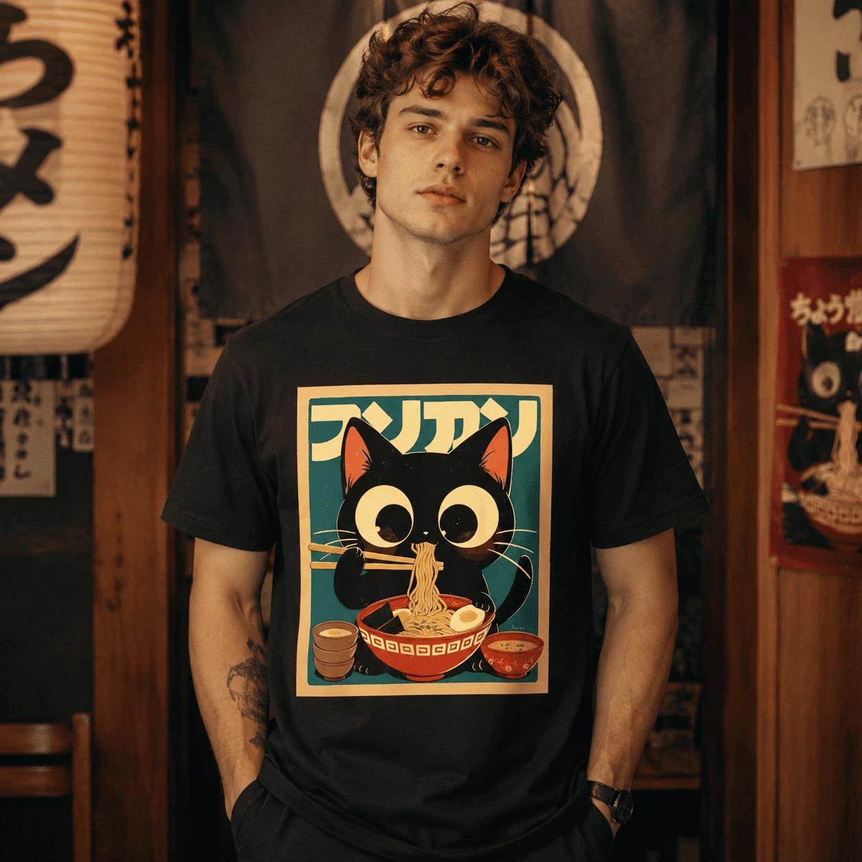 Anime Cat Ramen T-Shirt Japanese Kawaii Graphic Funny Streetwear Tee S