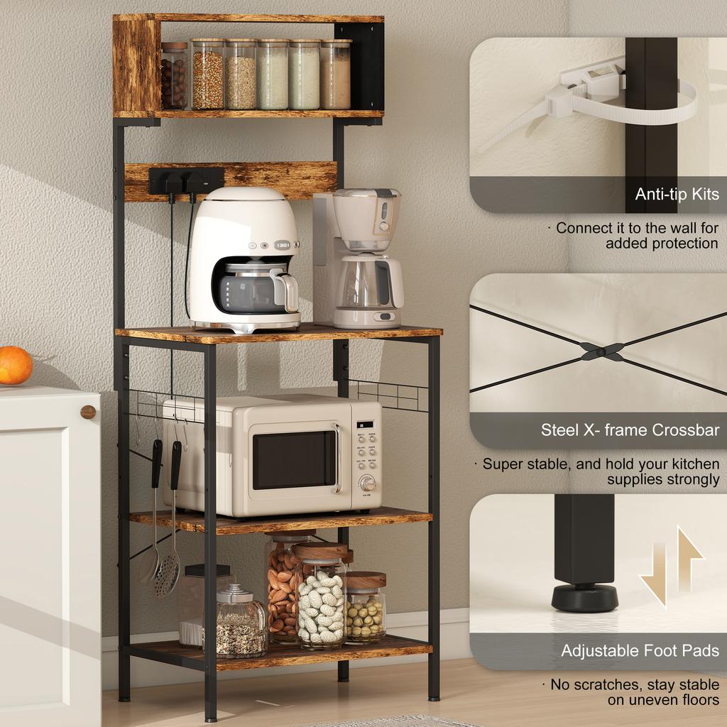 Kitchen Storage Rack Bakers Rack With Power Outlet Usb Charger Rustic Brown