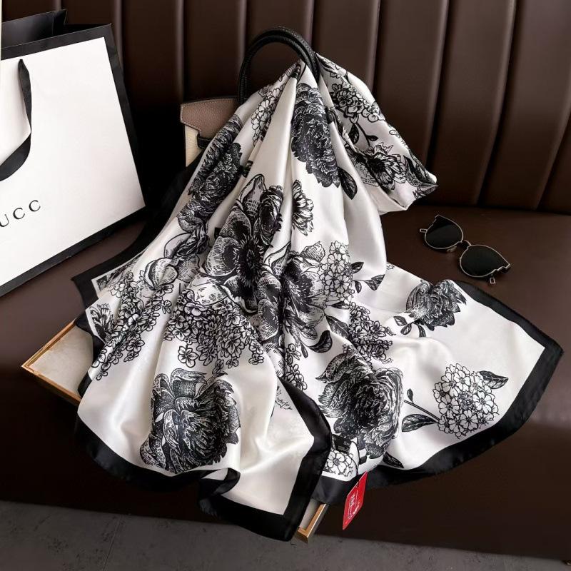 Spring and Summer Thin Silk Scarf High-end Printed Long Scarf New Satin Travel Sunscreen Scarf National Style Cloak