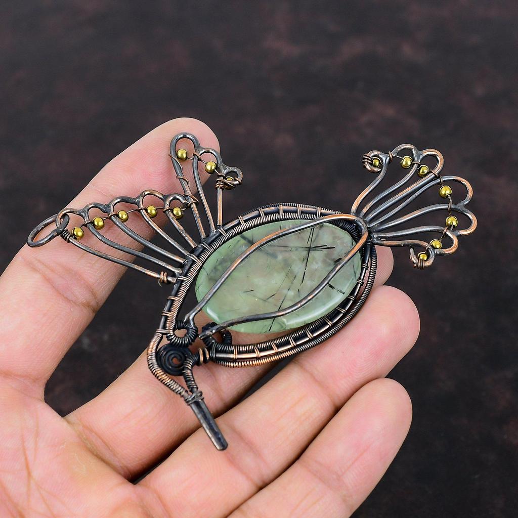 Moss Prehnite Pendant Copper Wire Wrapped Pendant Gemstone Copper Jewelry Dainty Pendant Bird Jewelry Handmade Designer Pendant Gift For Him