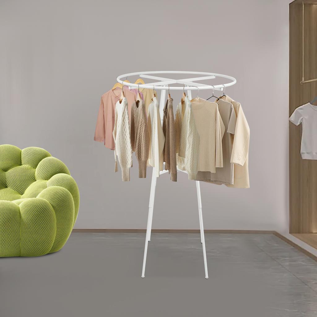360-Degree Rotating Garment Rack, White Steel Round Display Rack for Clothing & Apparel, Adjustable Height 4 to 6 Feet for Store