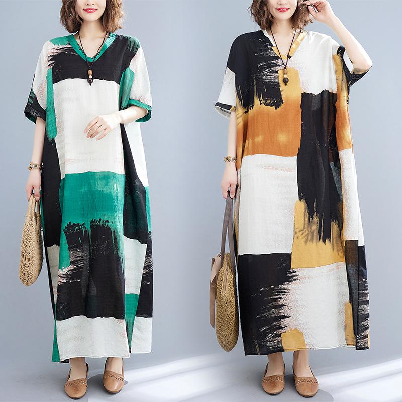 Летняя литература Плюс Свободное платье из хлопка и льна с принтом — фото 3