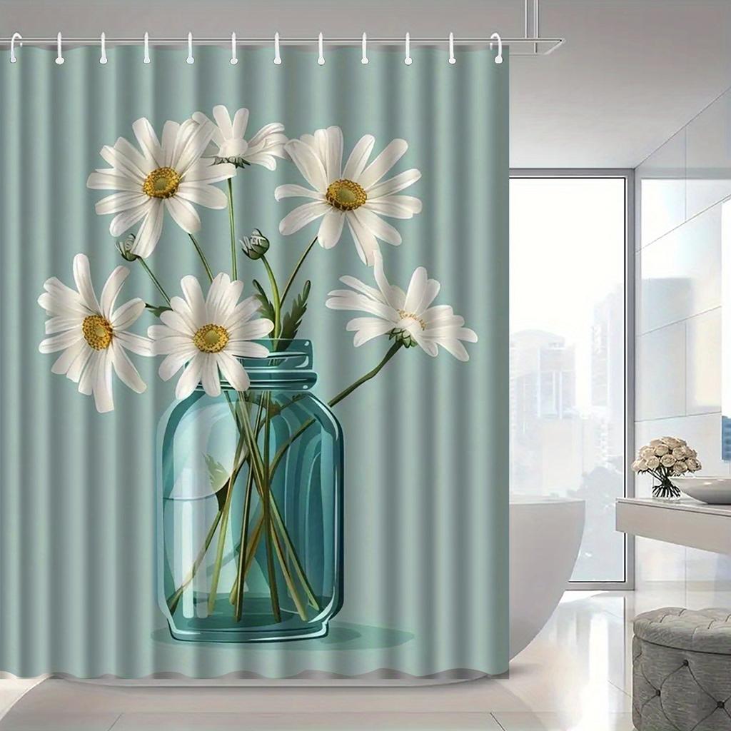 Floral Shower Curtain, White Daisies in Teal Jar Print, Durable Polyester, Machine Washable,  Elegant Home Accessory