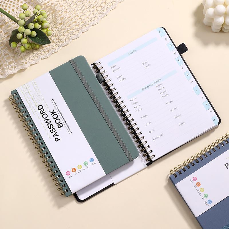 Password Record Notebook with Letter Labels, Faux Leather Index Pages, Pen Holder, and Binding Strap
