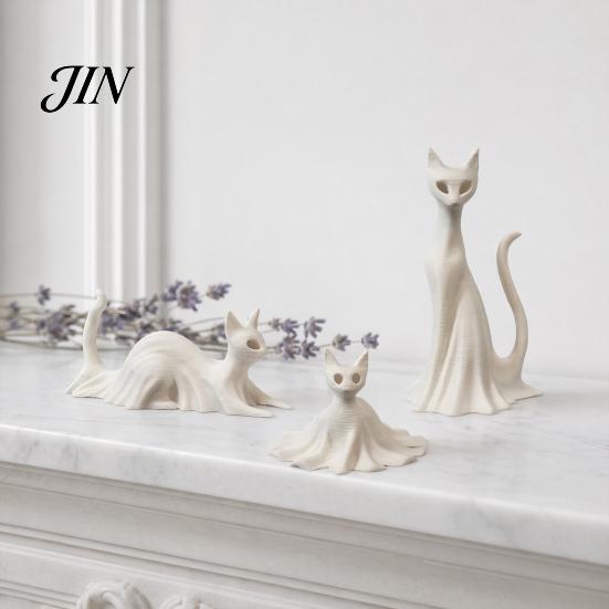 Unique Spooky Cat Display 3D Printed Ghost Statues, Halloween Haunted Kitten Figurines with Hollow Eyes Durable Statue & Flowing Drapes, Matte