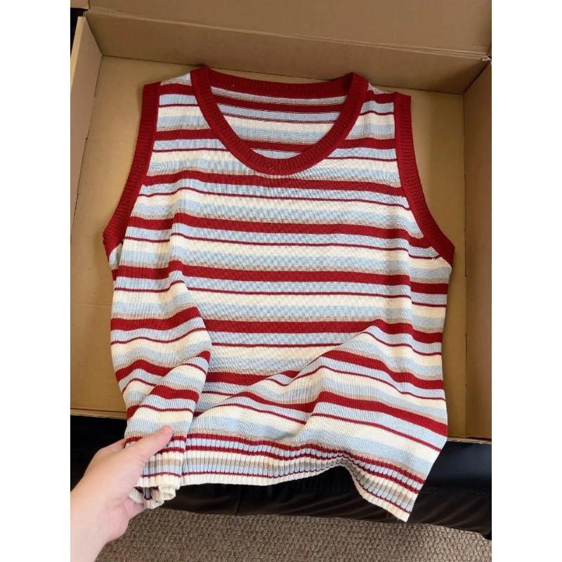 Women Retro Striped Color Block Slim Fit Round Neck Sleeveless Camisole Tank Top S красный