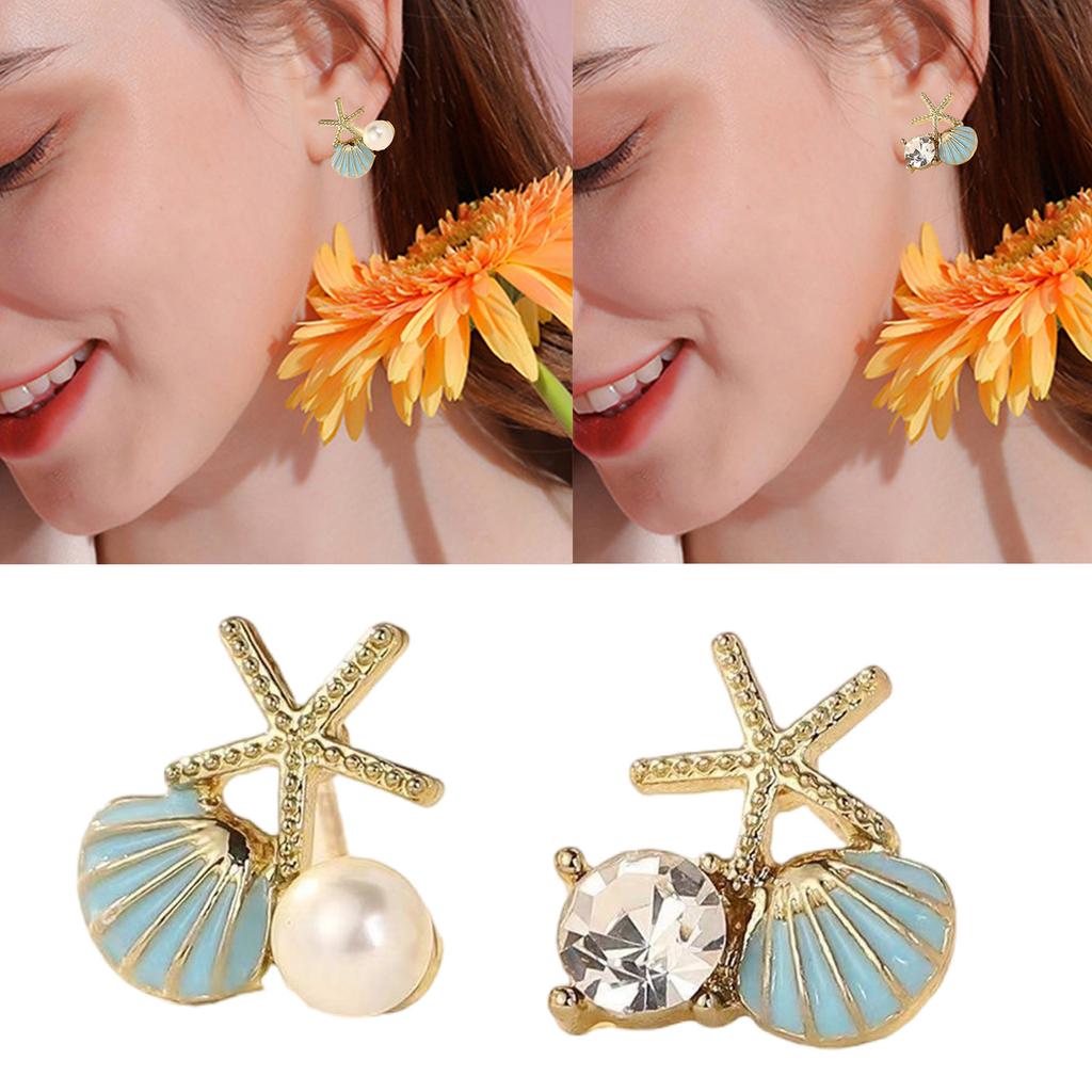 Asymmetric Starfish Earrings Stud Elegant Starfish Pearls Earrings With Crystal Zircons Marine Inspired Jewelry