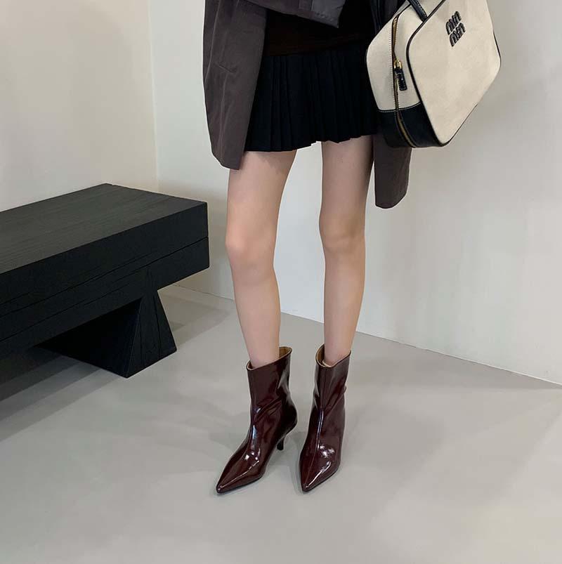 2025 autumn and winter new European and American fine heel middle heel fashion pointed short boots wide boots solid color boots