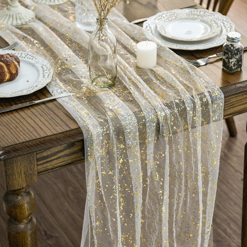 Gold Foil Mesh Table Runner Sheer Glitter Tablecloth Party Wedding Dining Table Decor