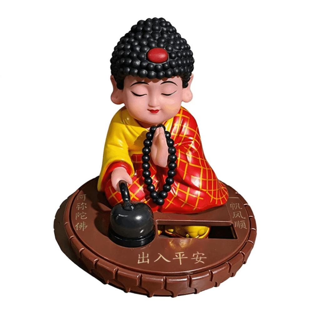 Solar Powered Buddha Car Ornament Nodding Motion Round Base Wooden Fish Figure Square Base Knocking Reciting Buddha Statue