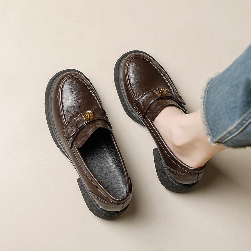 

Sunflower~ round head small leather shoes thick-soled retro small gold buckle genuine leather thick heel lazy loafer single shoes women s small le 39 темно-коричневого кольору