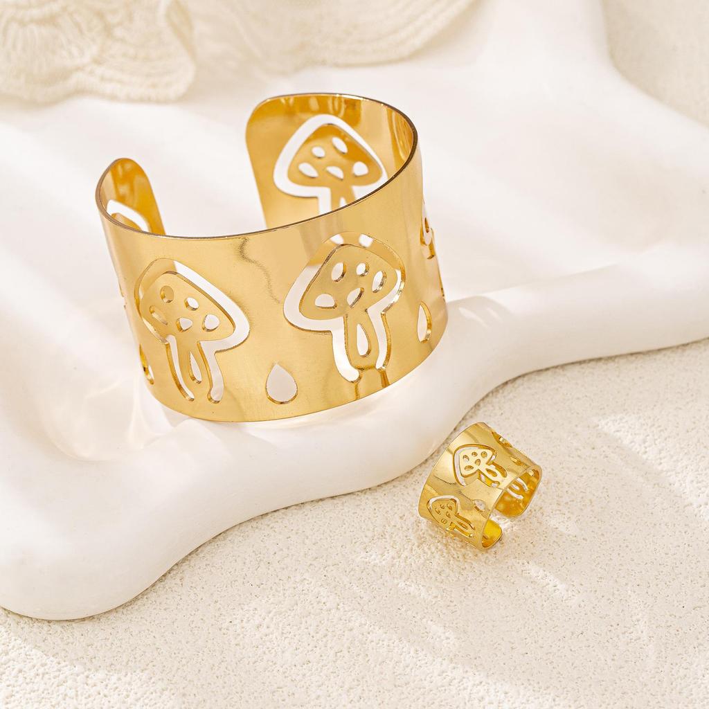 European & American Trendy Mushroom Hollow Bangle & Ring Set