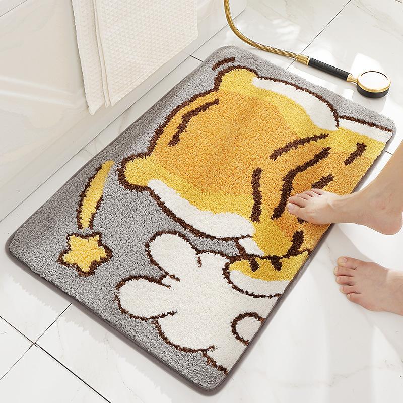 Cartoon Flocked Bath Mat Cute Animal Super Fiber Thickened Plush Bathroom Carpet Water-absorbent Anti-slip Bath Rug