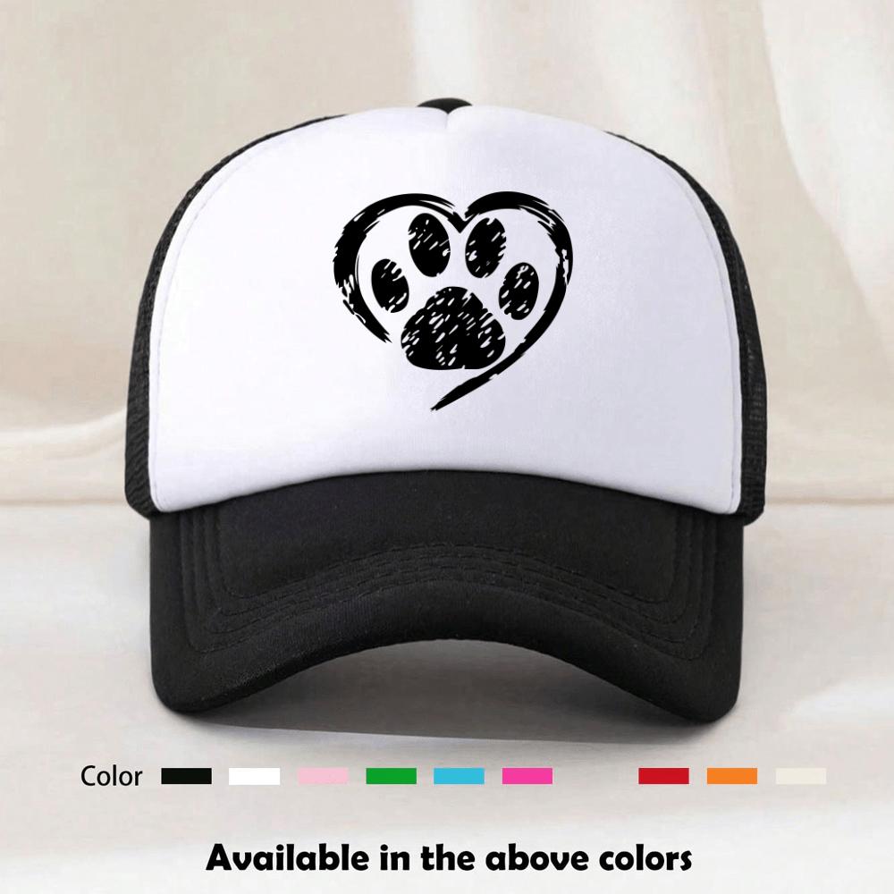 Paw Print Heart Graphic Trucker Hat Breathable Mesh Back Casual Adjustable Snapback Cap for Adults