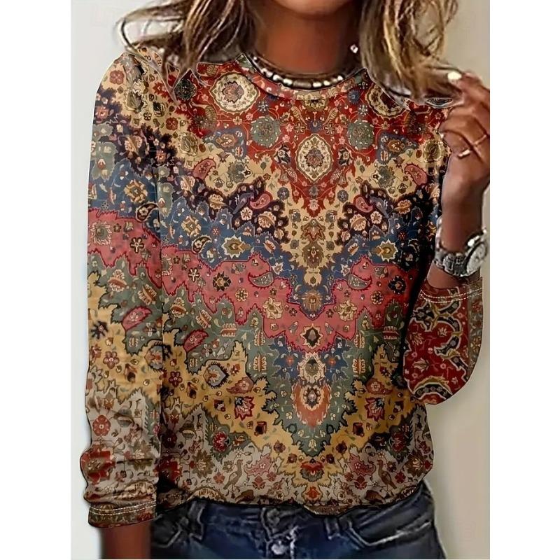 

Women s T Shirt Print Floral Graphic Paisley Vintage Fashion Stylish Long Sleeve Crew Neck Round Neck Regular Tops 5XL