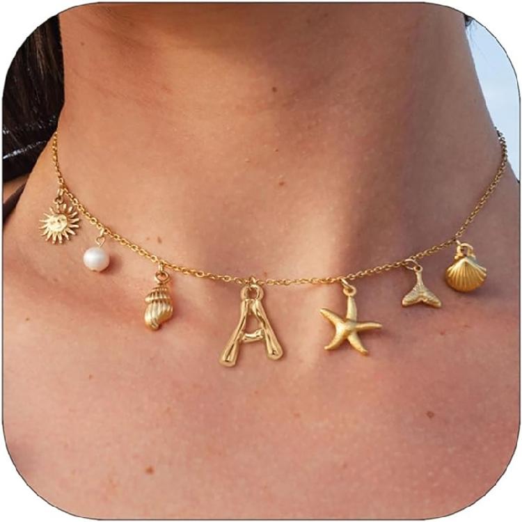 Ocean Theme Gold Charm Necklace with Initial Shells Letter Pendant Suitable for Surfer Girls and Beach Enthusiasts