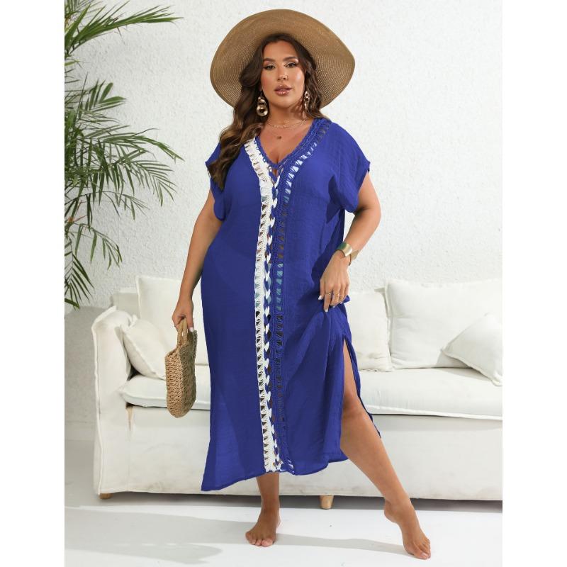 Plus Size Holiday Beach Cover Up Women Hook & Loop Contrast Color Deep V Neck Slit Dress