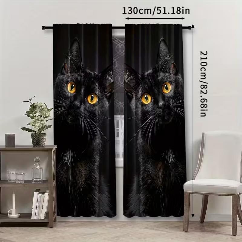 2PCS Black Cat Print Art Curtains, Pole Bag Polyester Material Design, Bedroom, Home Decoration