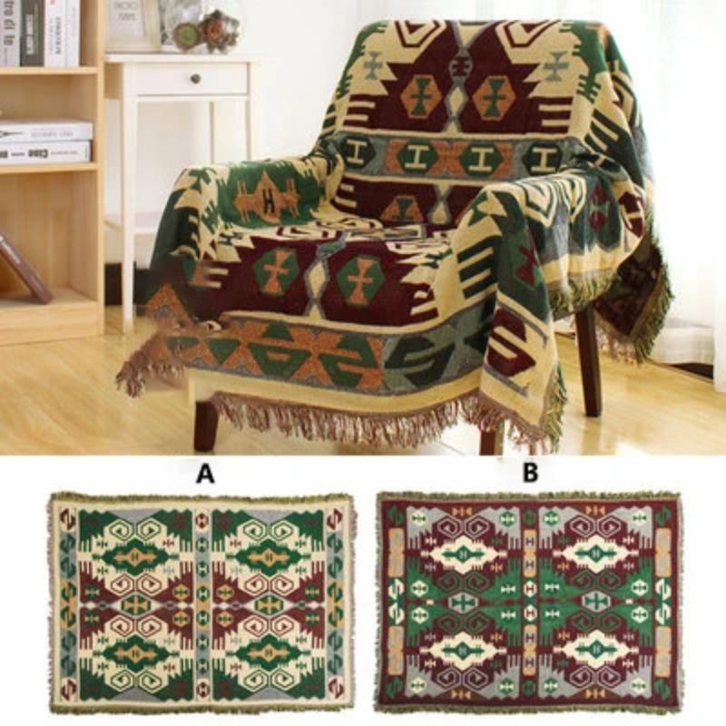 Retro Rutig Vinter Bomull Linne Vävda Linjer Filt Soffhandduk Stickad Förtjockad Värmedyna Mat Bohemisk Boho Pläd Rese Sängöverkast