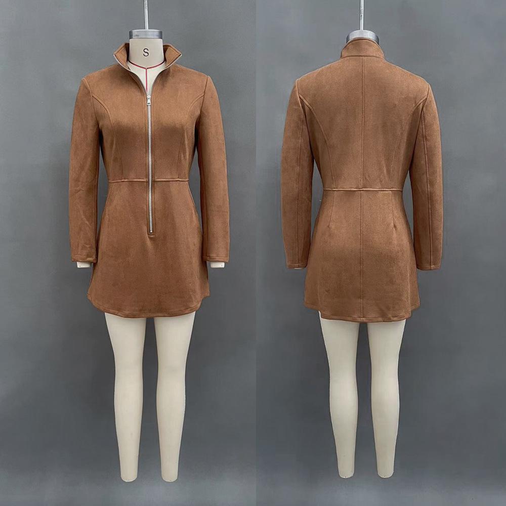 2025 Fall/Winter European & American Women s Suede French Zipper Long Sleeve Short Dress S