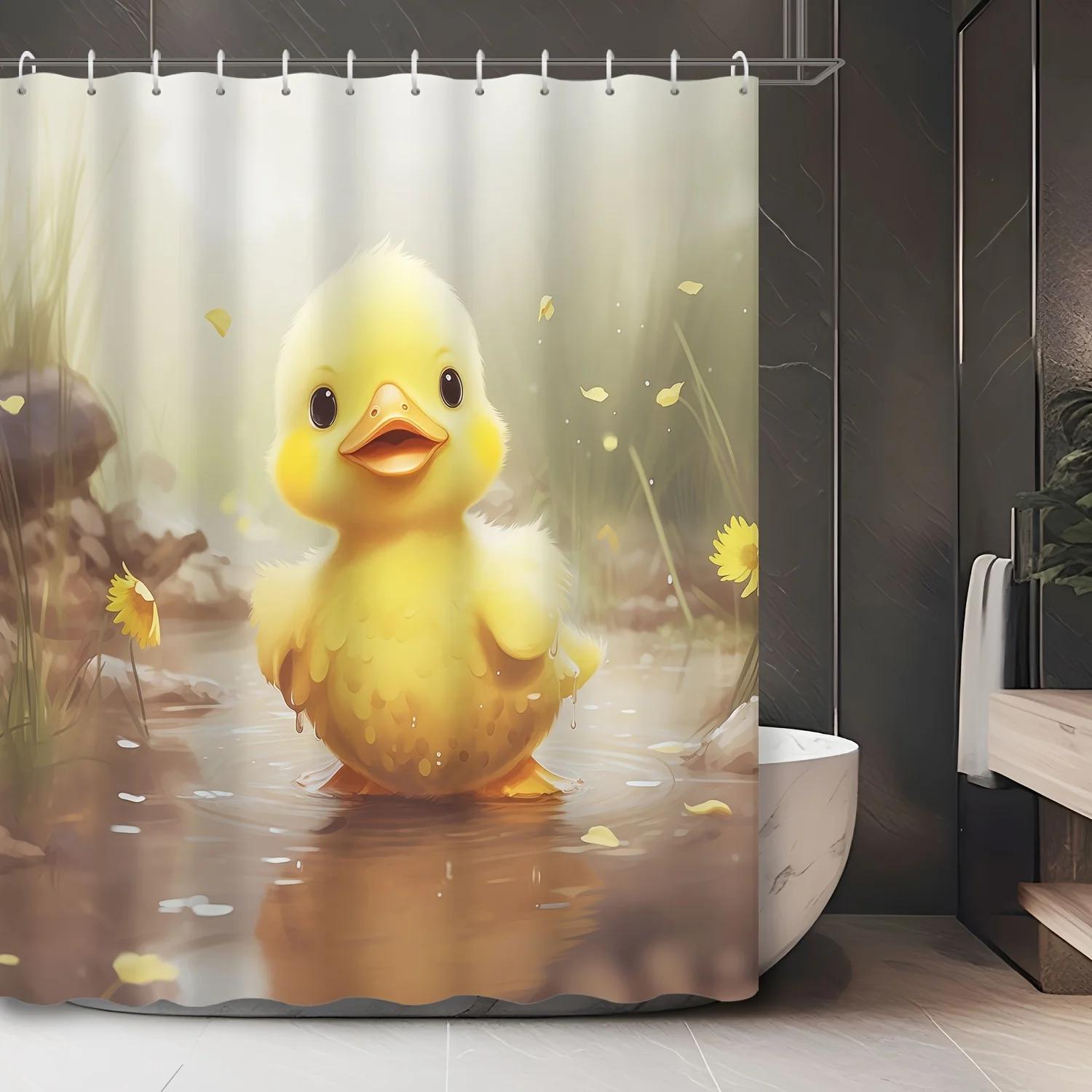 

Charming Duck Shower Curtain - Rainy Scene, Yellow Duck Wall in Living Room, Bedroom Decoration - Comfortable W90xH180cm