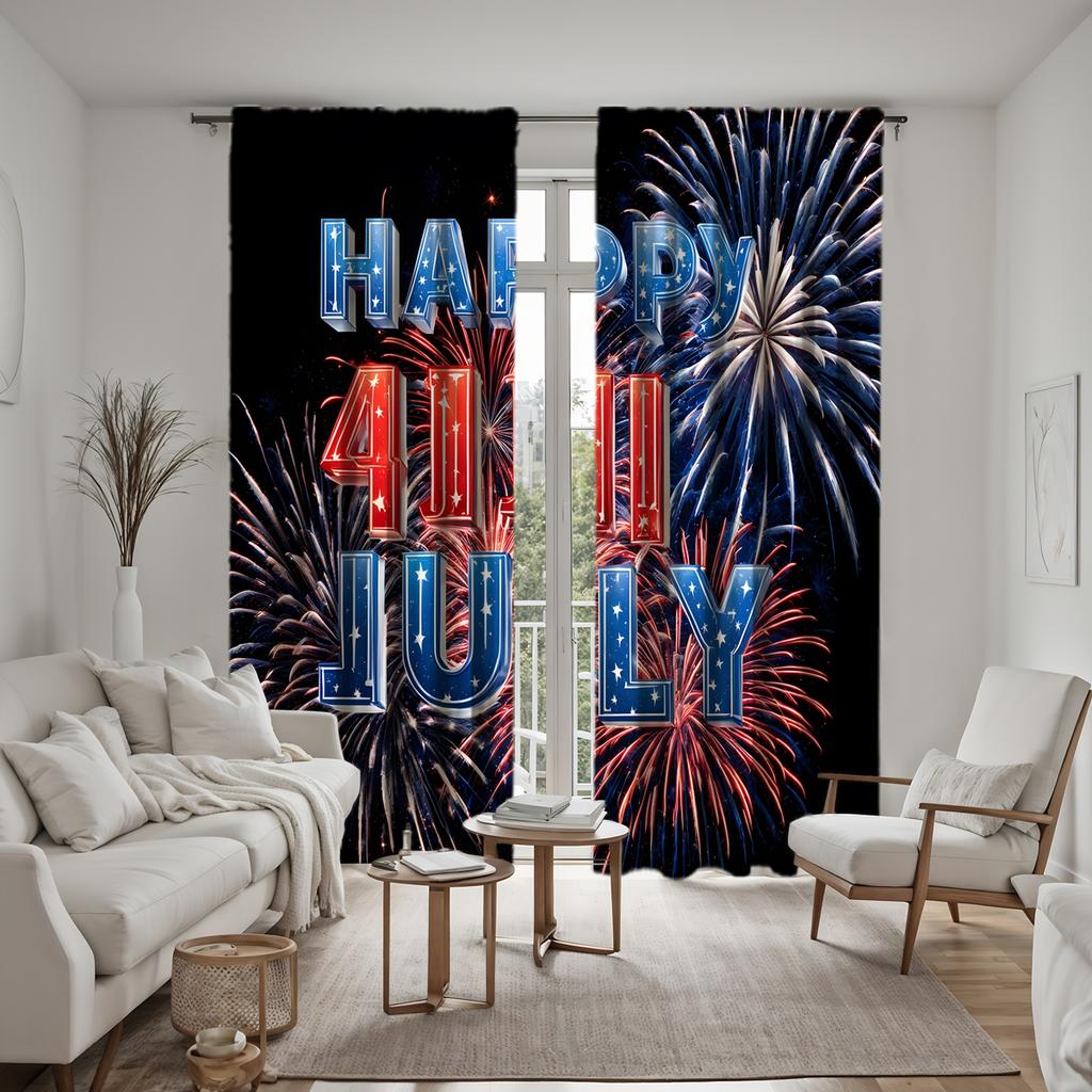 2 Pieces HD Independence Day Hello July Fireworks Decorative Curtain Black Tie Digital Printed Curtain Home Decoration Style Dec